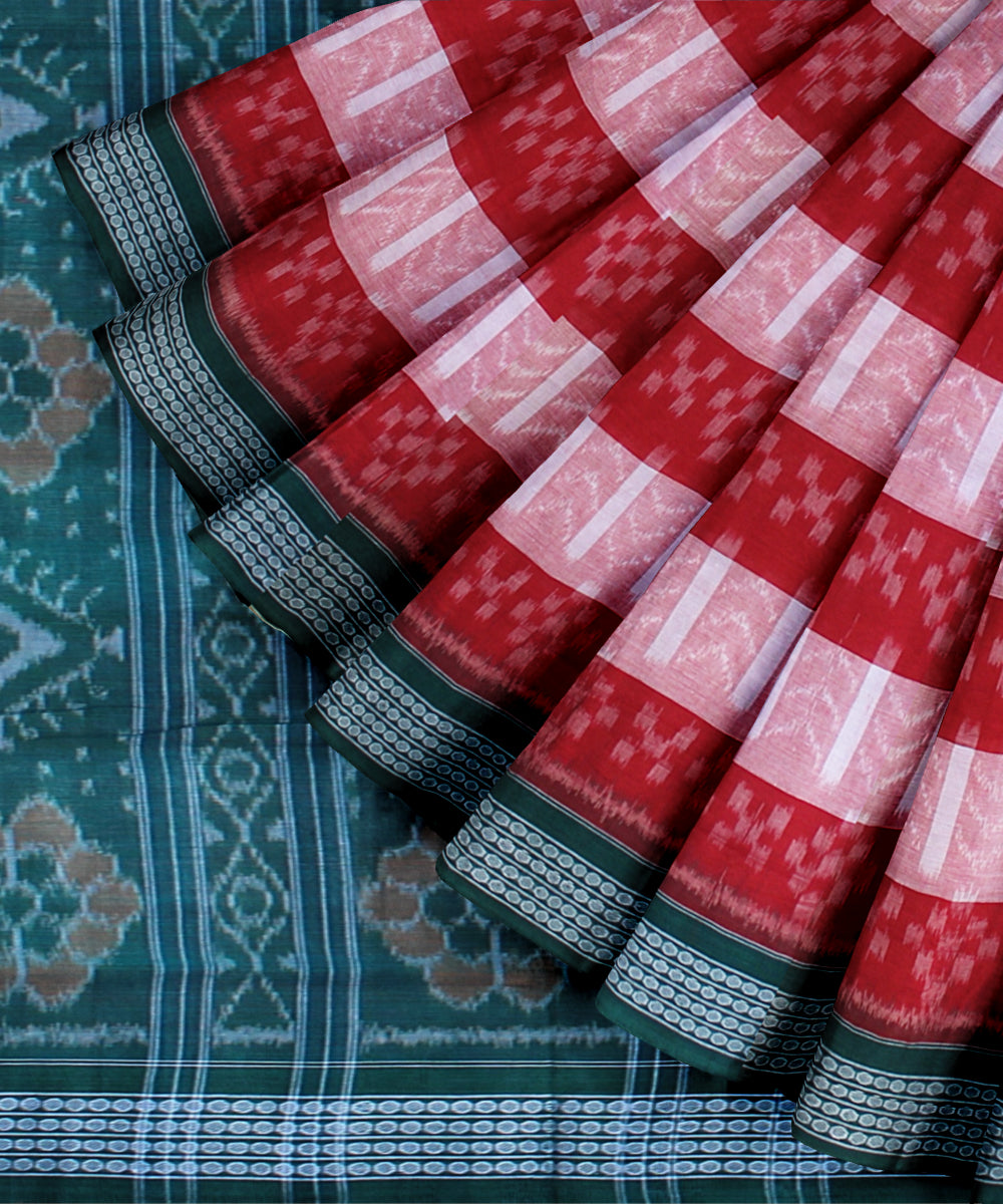 Red pink green border cotton handwoven sambalpuri saree