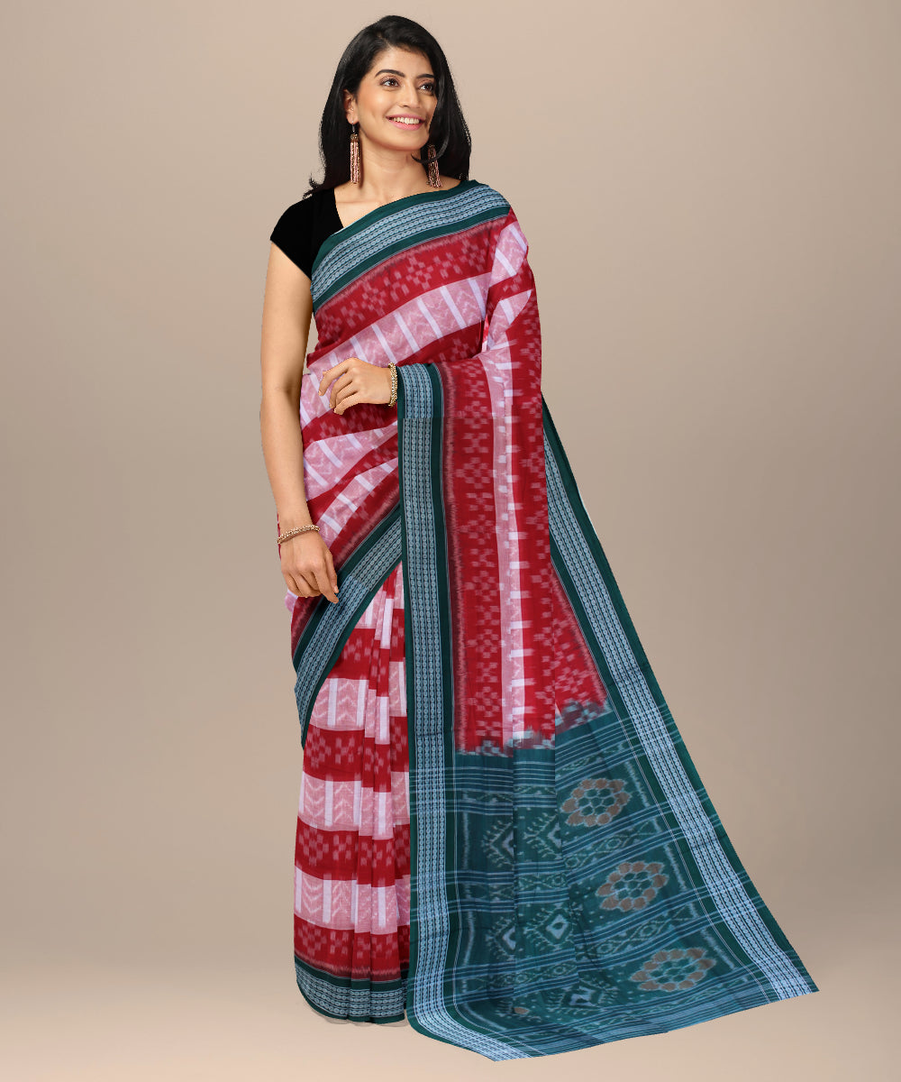 Red pink green border cotton handwoven sambalpuri saree