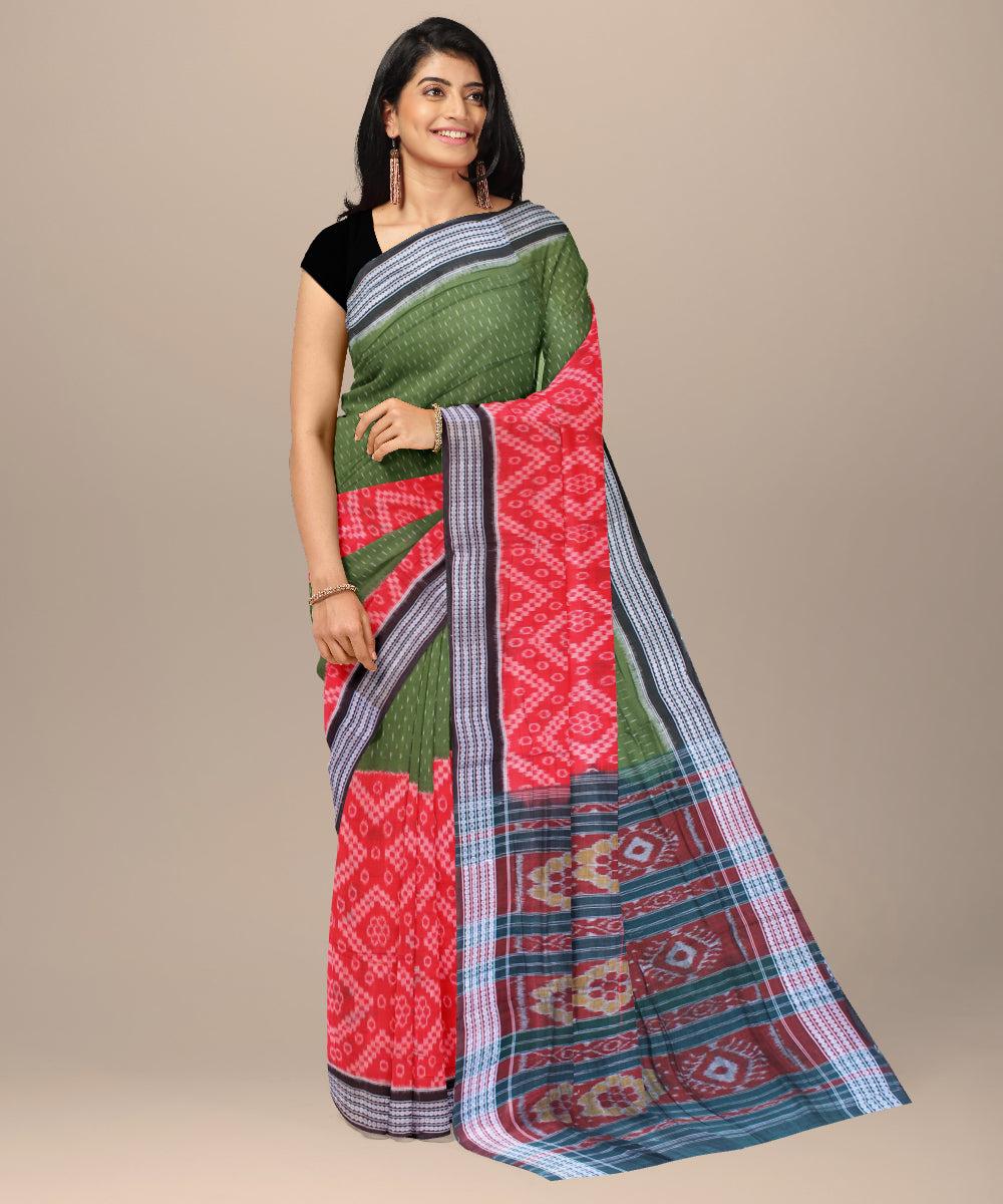 Red dark green handloom sambalpuri cotton saree