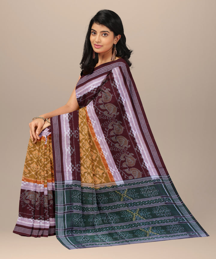 Yellow brown cotton handwoven sambalpuri saree