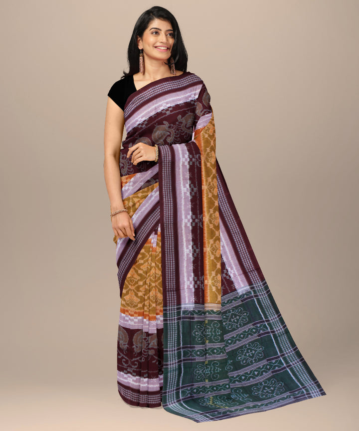 Yellow brown cotton handwoven sambalpuri saree