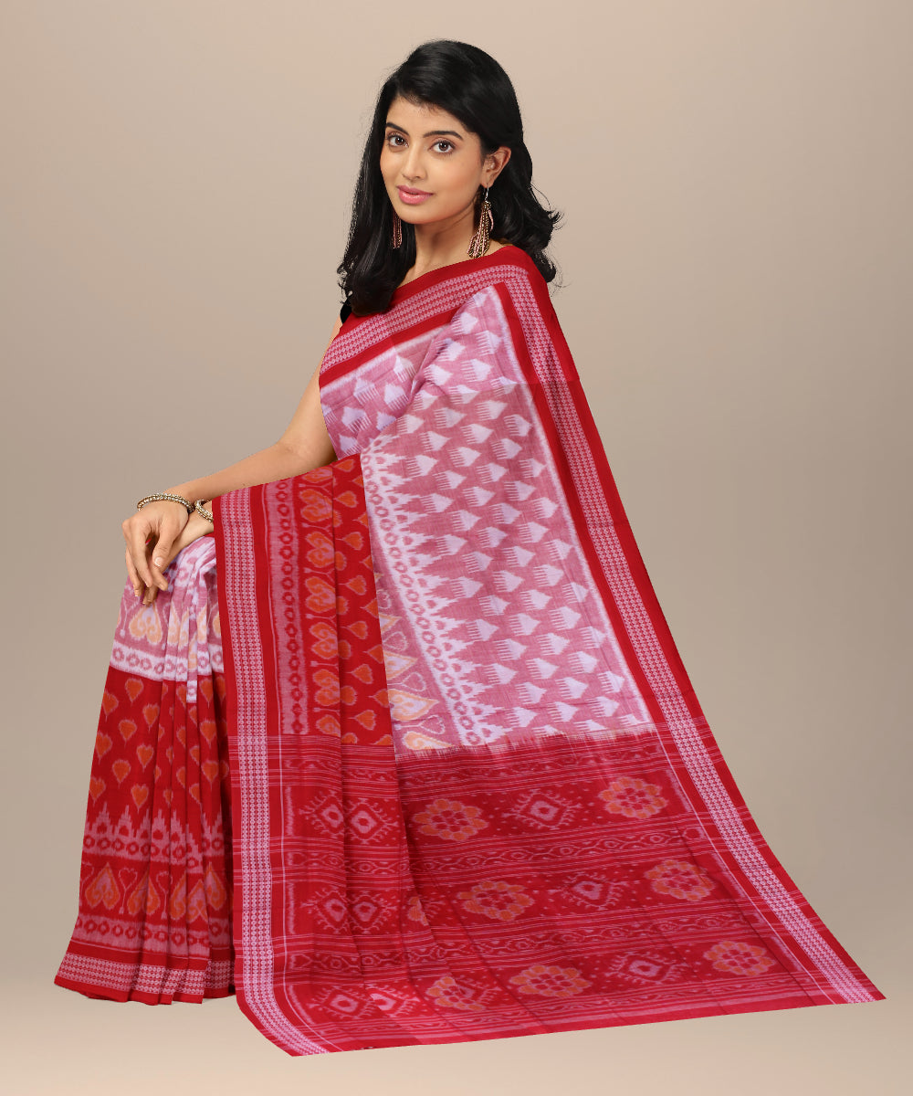 Red light pink cotton handwoven sambalpuri saree