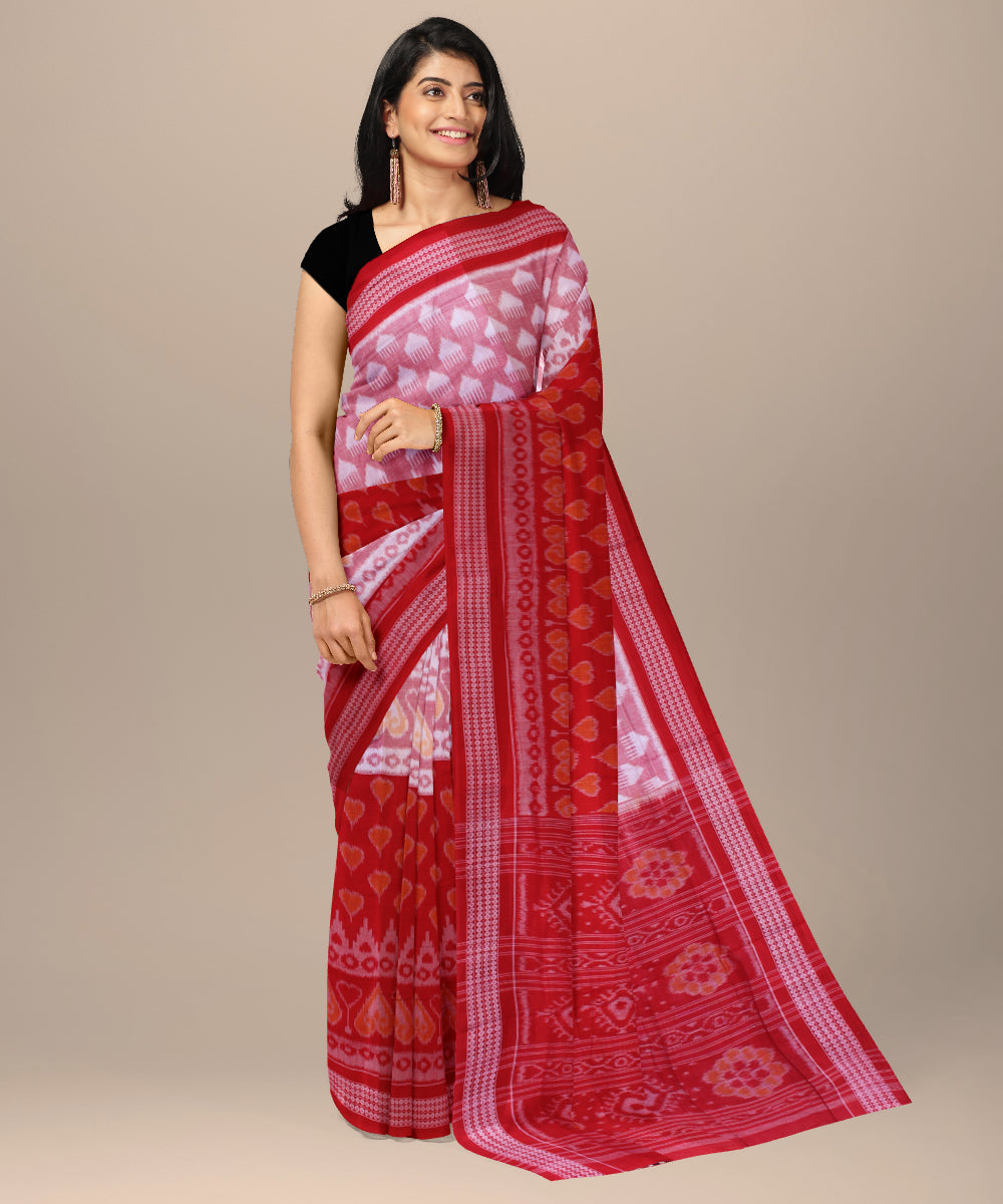 Red light pink cotton handwoven sambalpuri saree