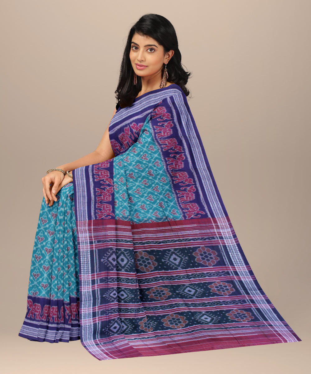Teal green violet cotton handwoven sambalpuri saree