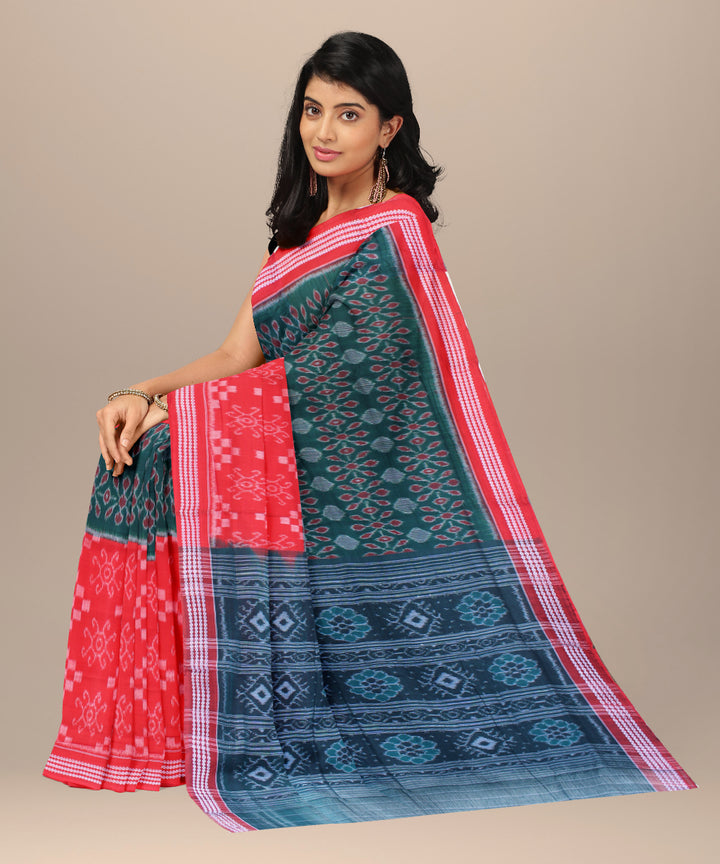 Green red handwoven cotton sambalpuri saree