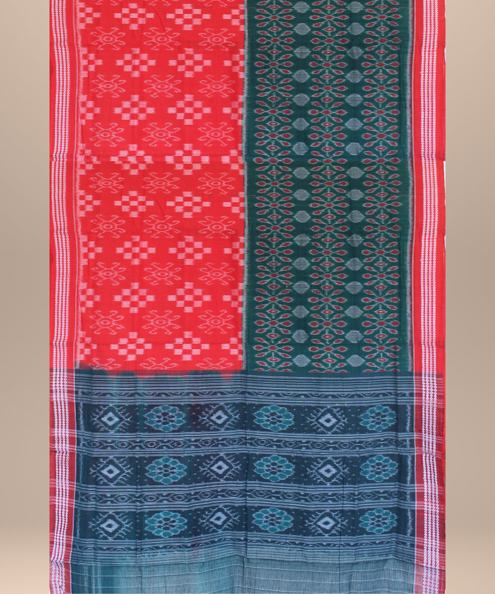 Green red handwoven cotton sambalpuri saree