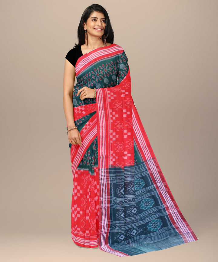 Green red handwoven cotton sambalpuri saree