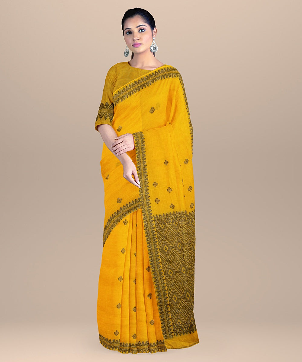 Yellow grey cotton handwoven assam saree