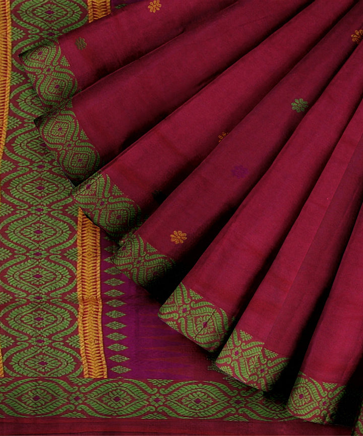 Pink green yellow cotton handwoven assam saree