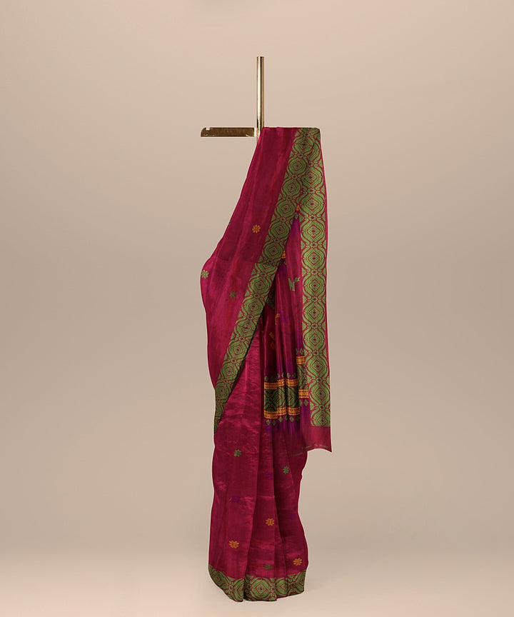 Pink green yellow cotton handwoven assam saree