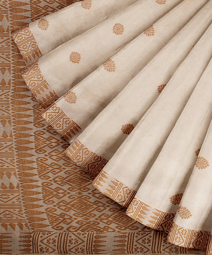 Offwhite brown cotton handwoven assam saree