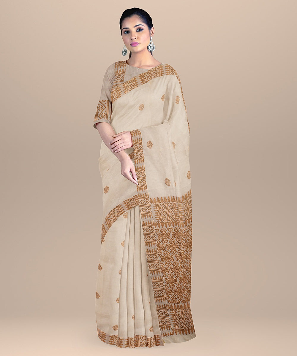 Offwhite brown cotton handwoven assam saree