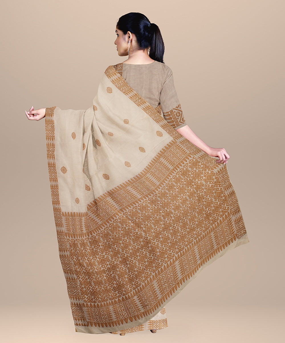 Offwhite brown cotton handwoven assam saree