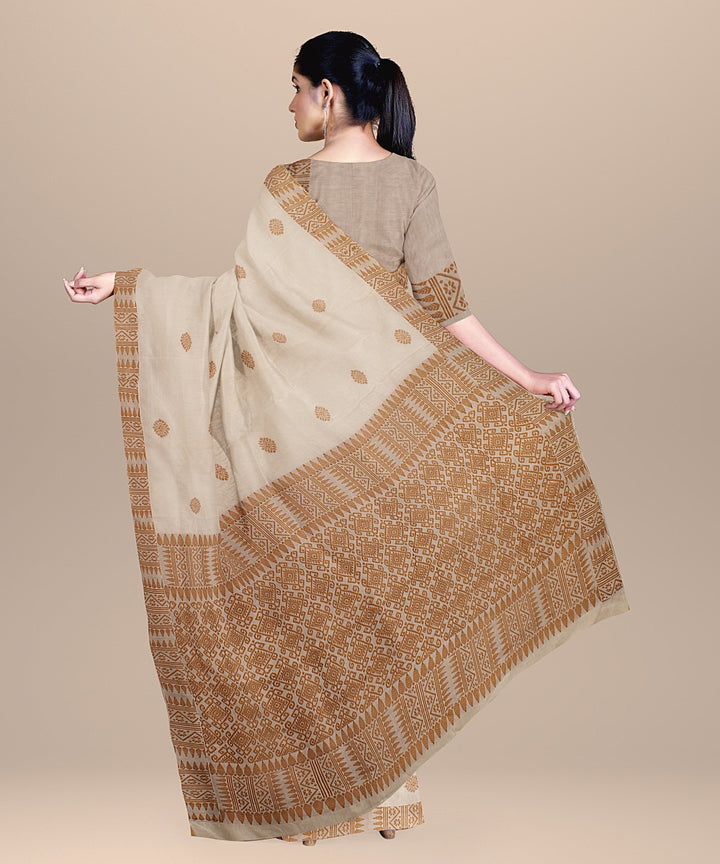 Offwhite brown cotton handwoven assam saree