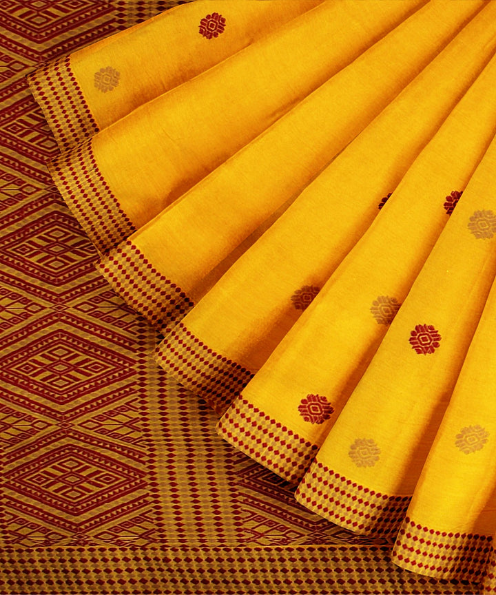 Yellow maroon beige cotton handwoven assam saree