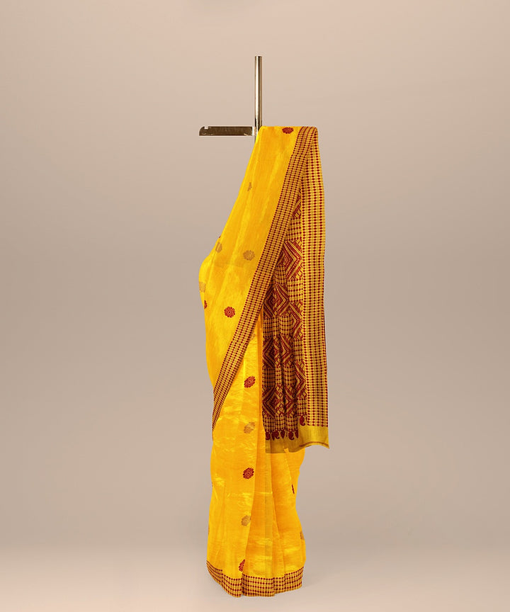 Yellow maroon beige cotton handwoven assam saree