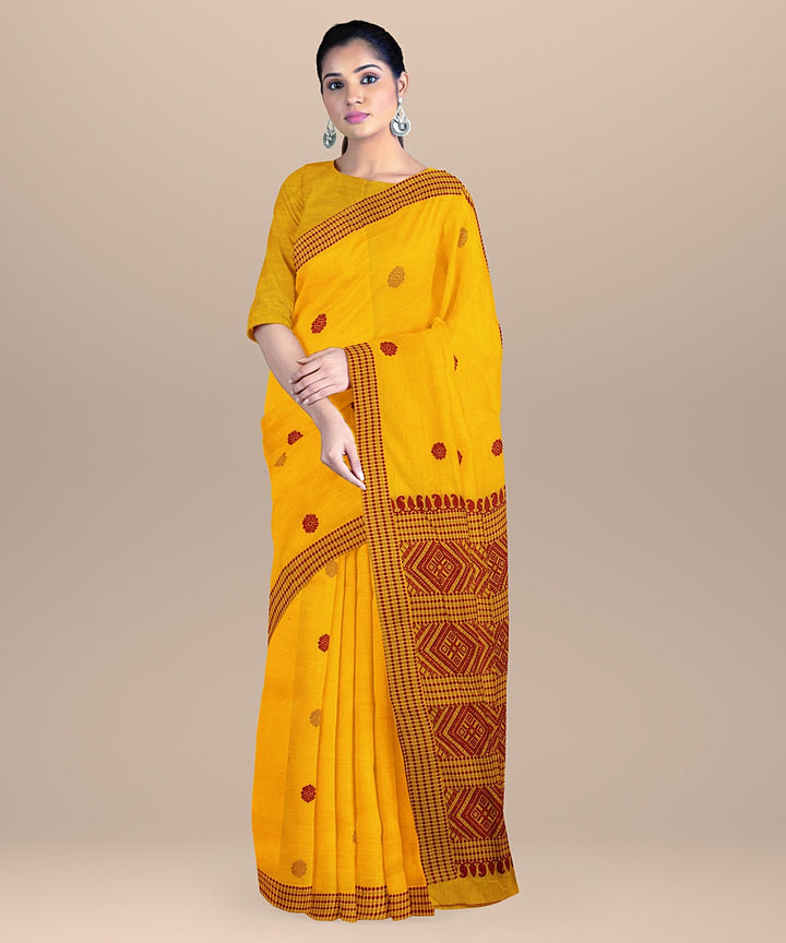 Yellow maroon beige cotton handwoven assam saree