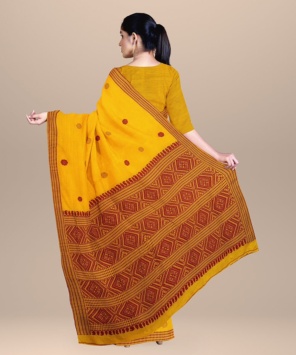 Yellow maroon beige cotton handwoven assam saree