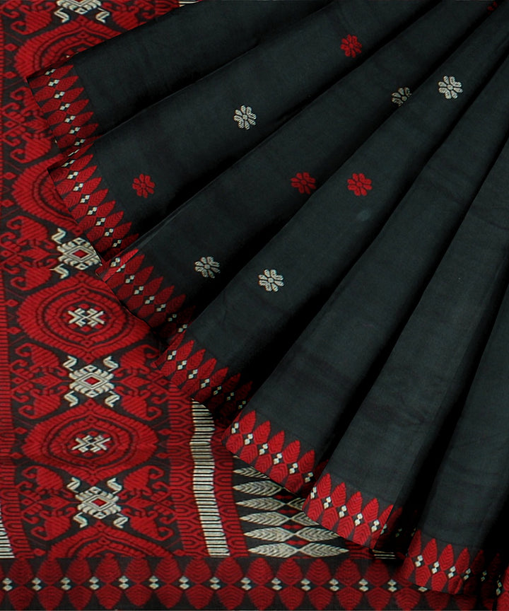 Dark green red cream cotton handwoven assam saree