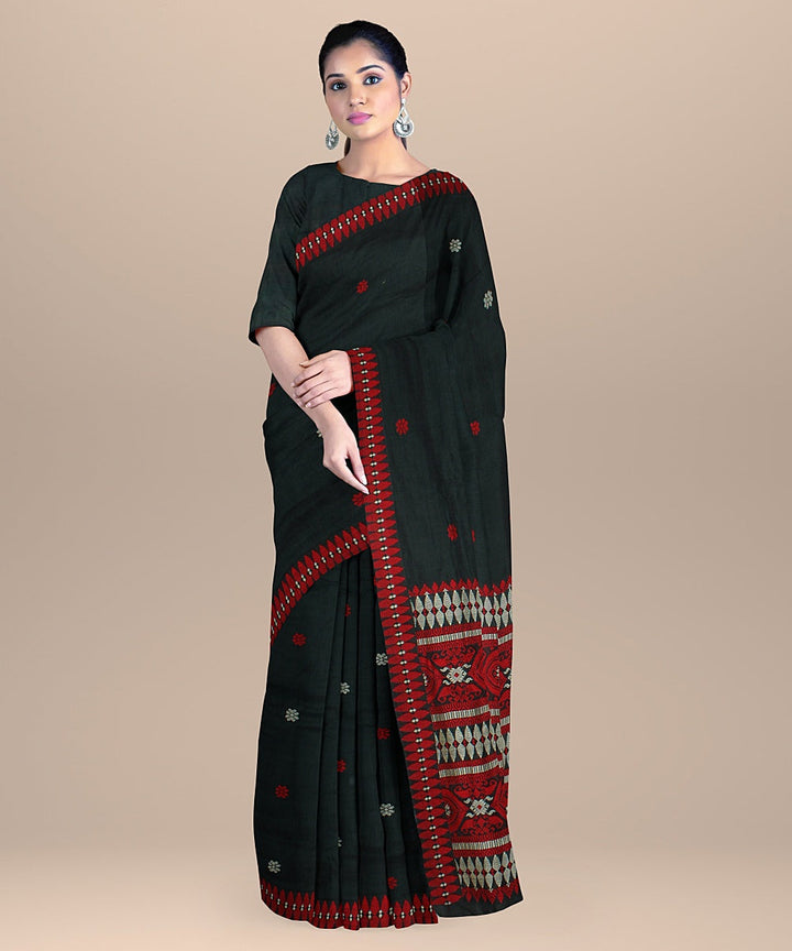 Dark green red cream cotton handwoven assam saree