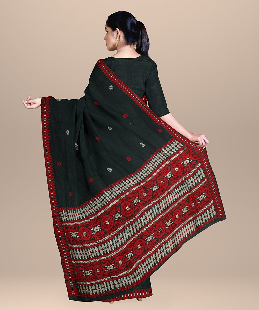 Dark green red cream cotton handwoven assam saree