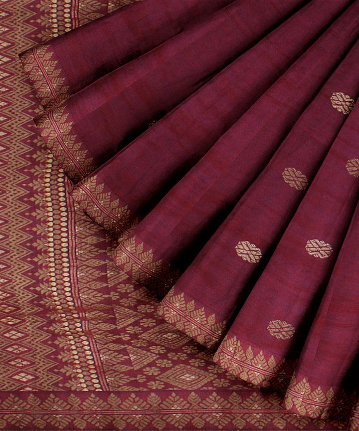 Maroon brown cream handwoven assam cotton saree