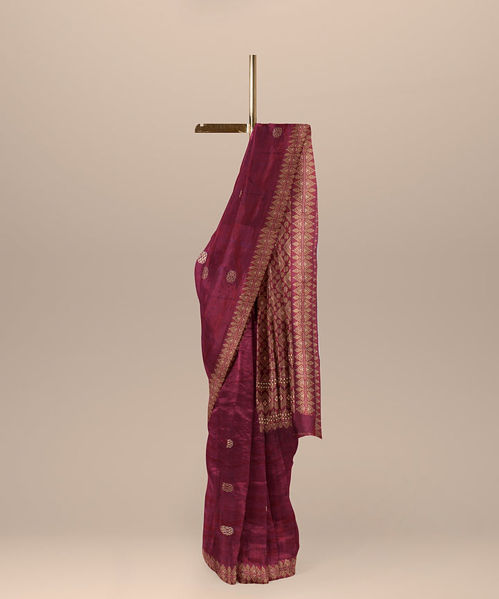 Maroon brown cream handwoven assam cotton saree