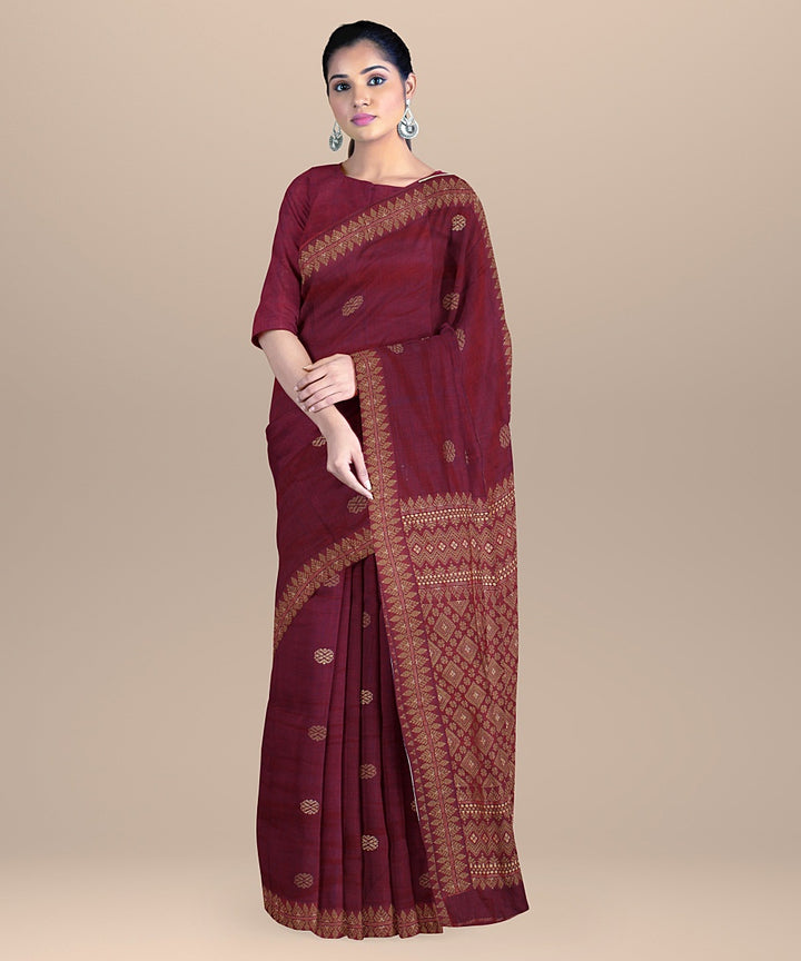 Maroon brown cream handwoven assam cotton saree