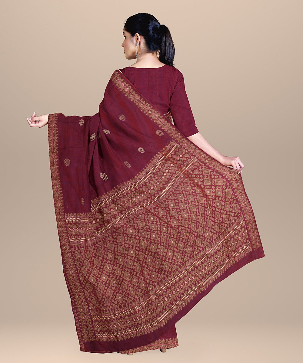 Maroon brown cream handwoven assam cotton saree