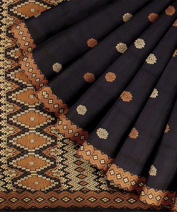 Navy blue brown cream cotton handwoven assam saree