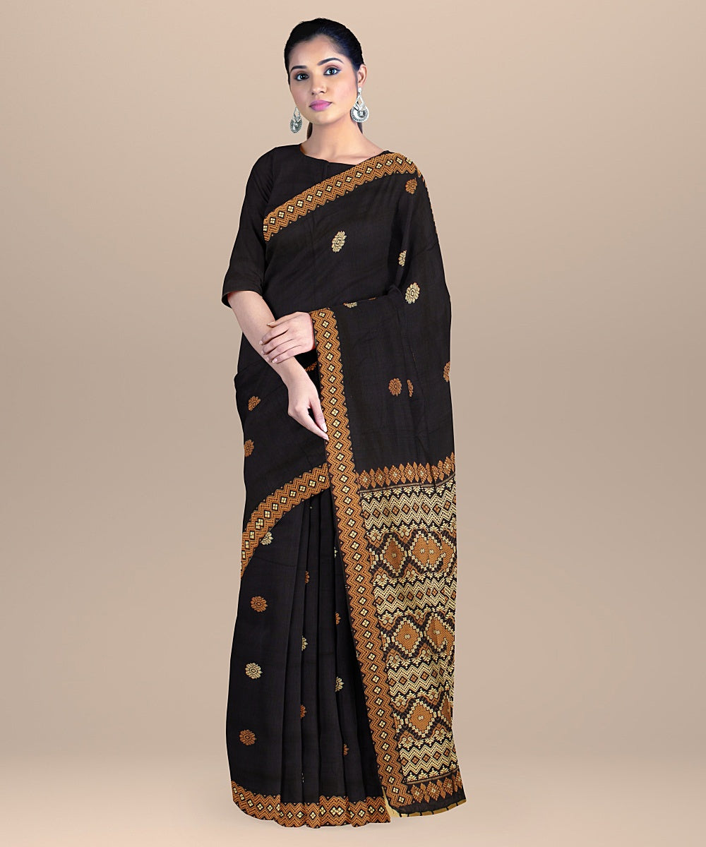 Navy blue brown cream cotton handwoven assam saree