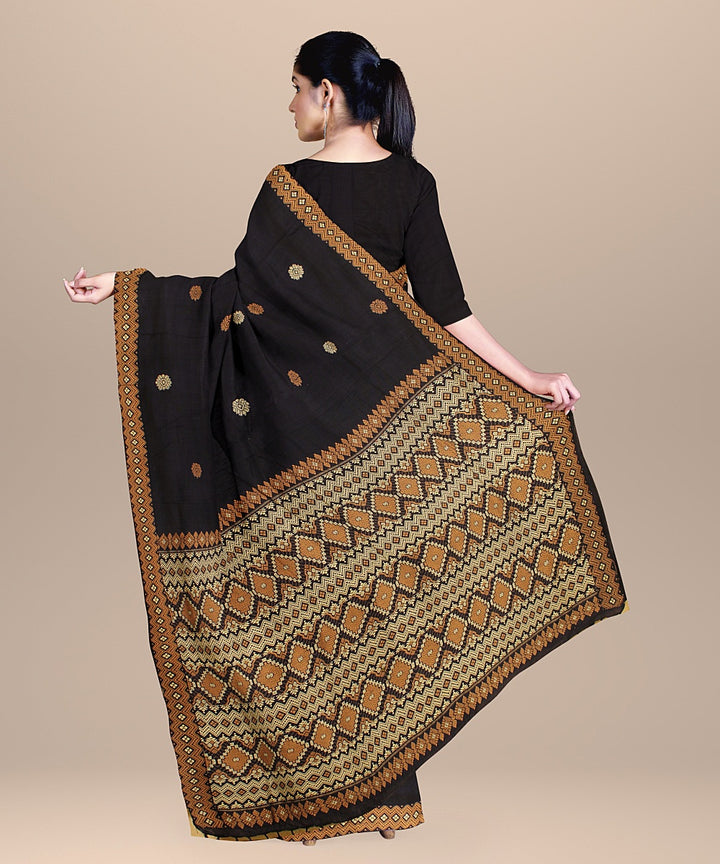 Navy blue brown cream cotton handwoven assam saree