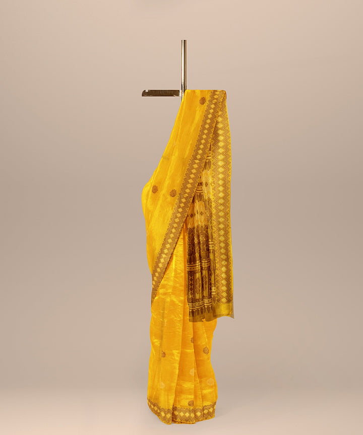 Yellow brown handwoven assam cotton saree