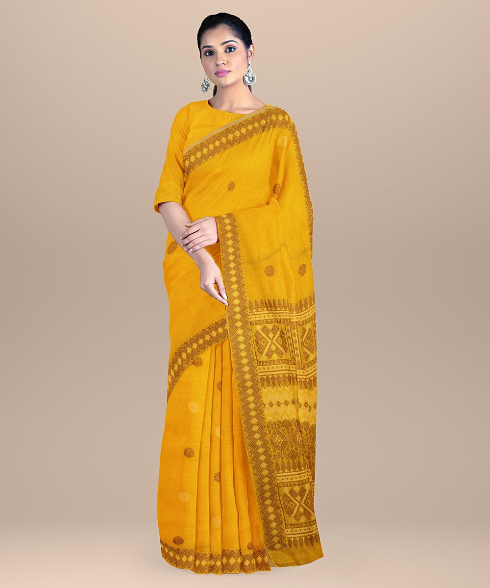 Yellow brown handwoven assam cotton saree