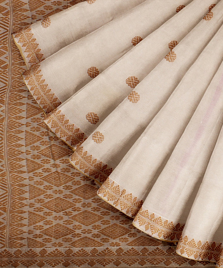 Offwhite brown handwoven assam cotton saree