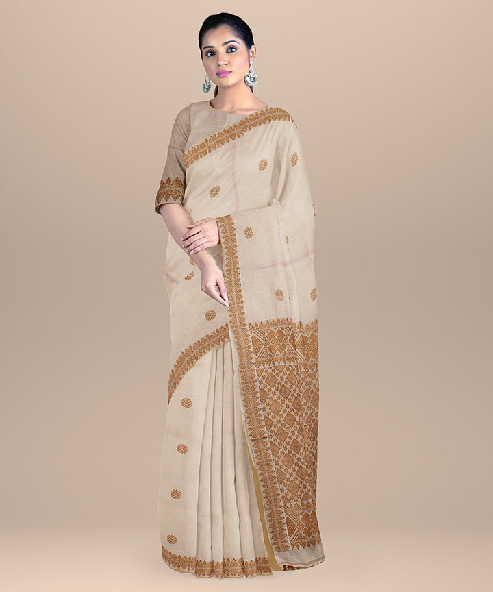 Offwhite brown handwoven assam cotton saree