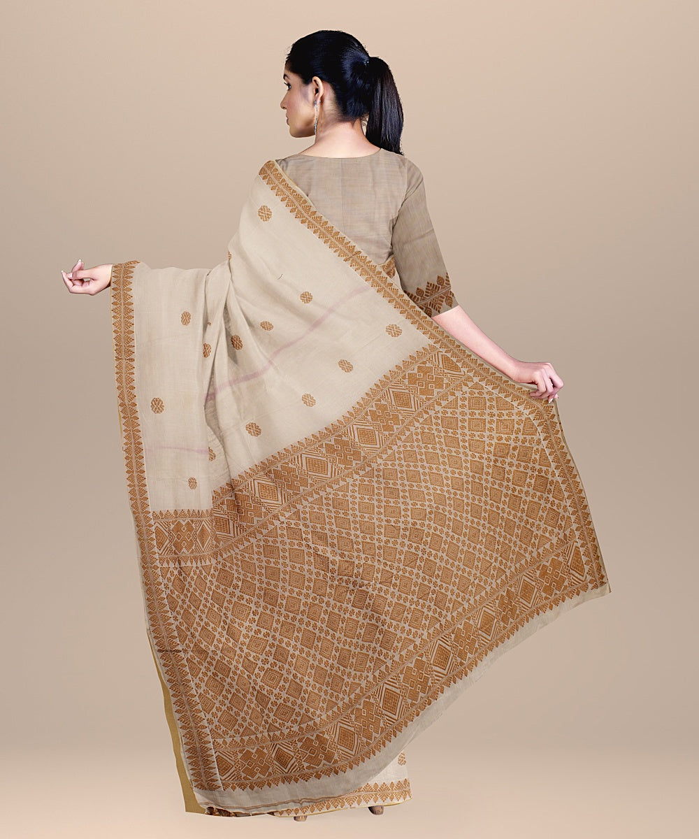 Offwhite brown handwoven assam cotton saree