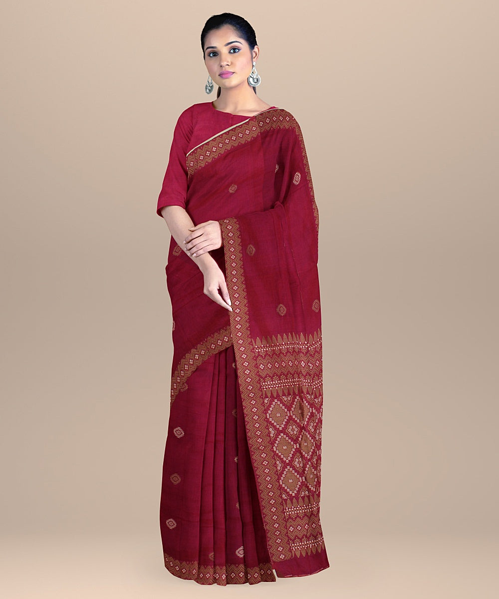 Pink brown cream cotton handwoven assam saree