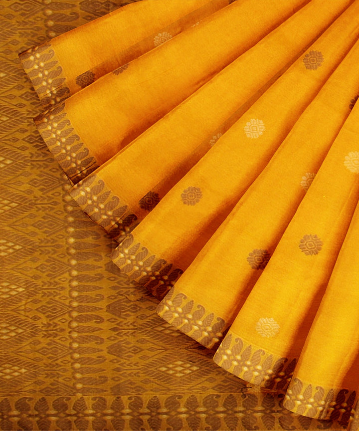 Yellow brown assam cotton handwoven saree