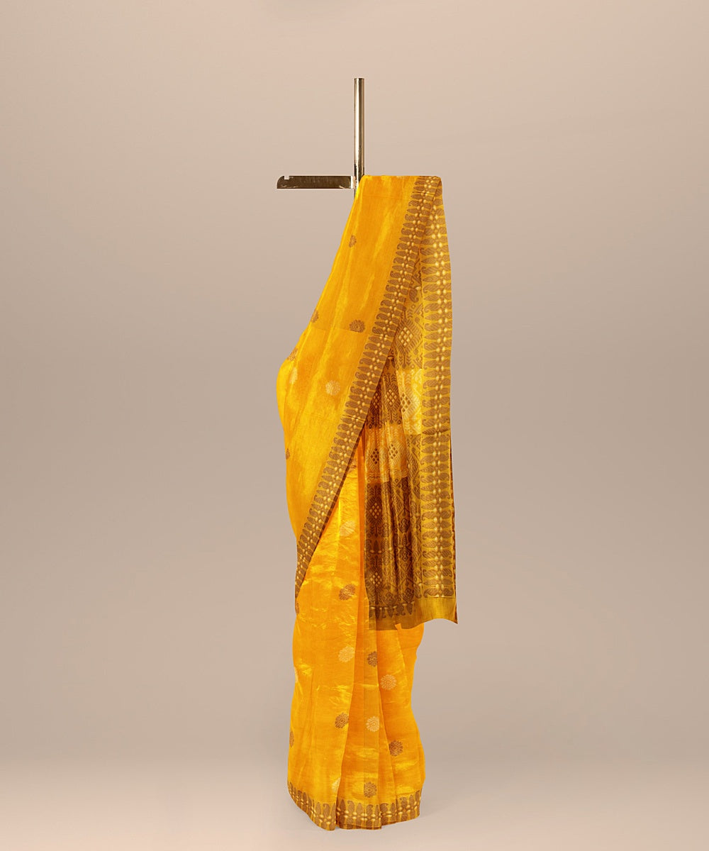 Yellow brown assam cotton handwoven saree