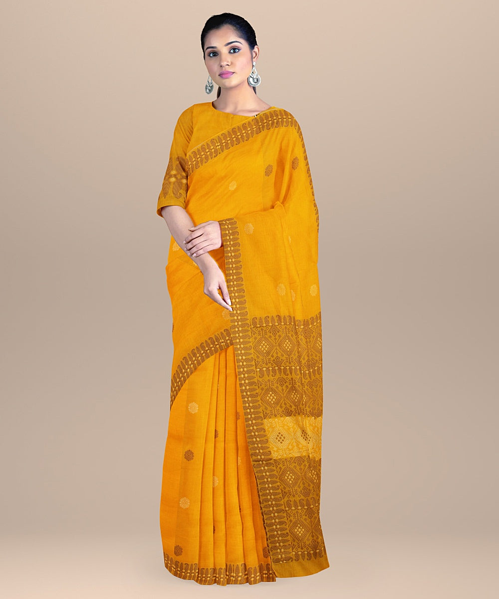 Yellow brown assam cotton handwoven saree