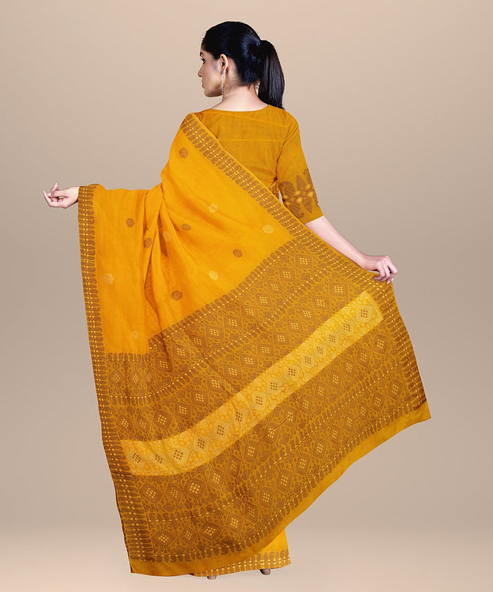 Yellow brown assam cotton handwoven saree