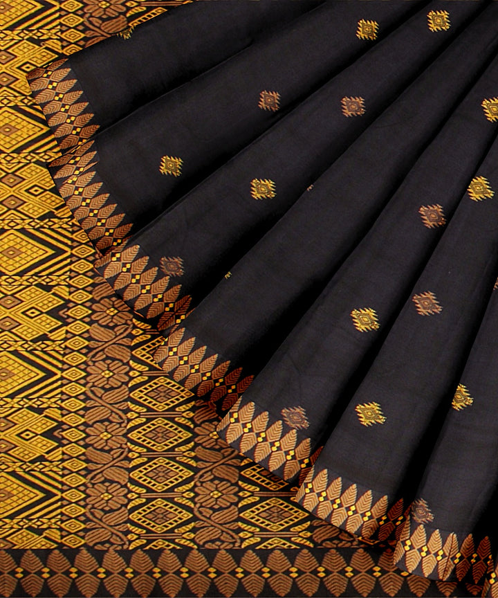 Navy blue yellow brown cotton handwoven assam saree