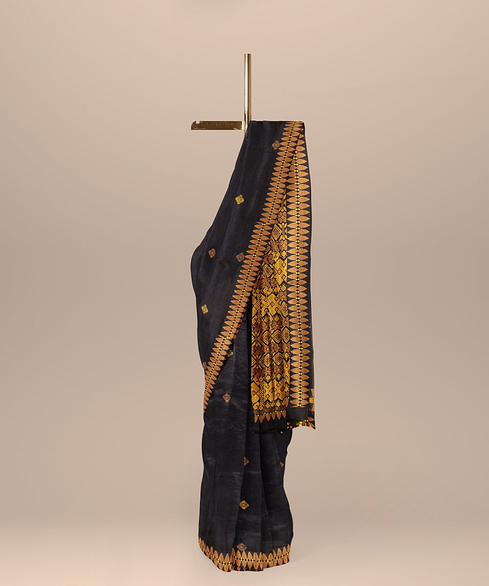 Navy blue yellow brown cotton handwoven assam saree