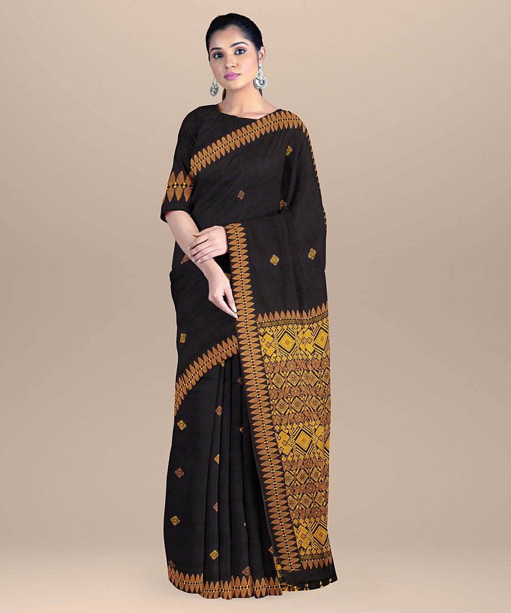 Navy blue yellow brown cotton handwoven assam saree