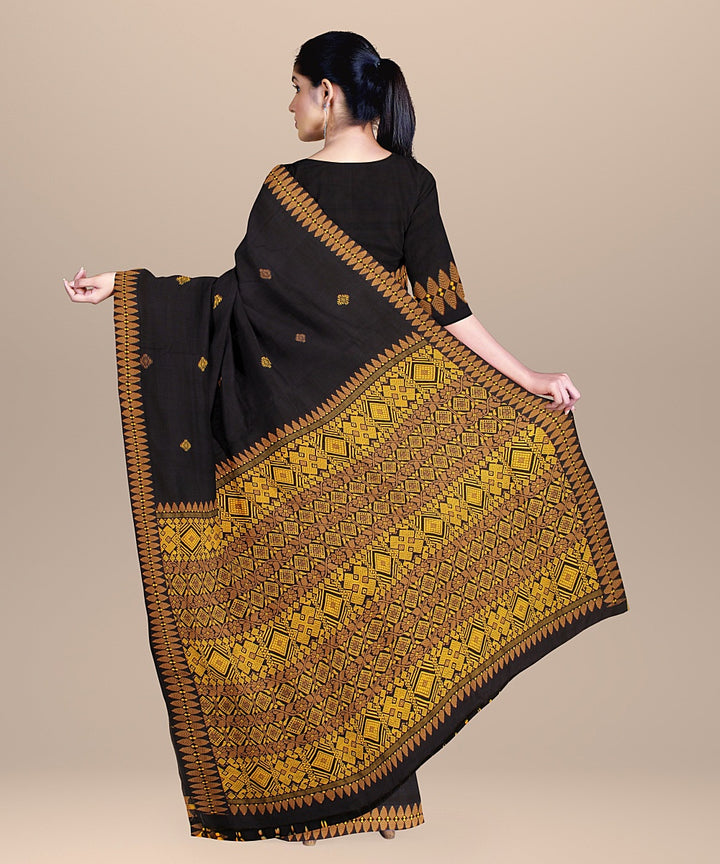 Navy blue yellow brown cotton handwoven assam saree