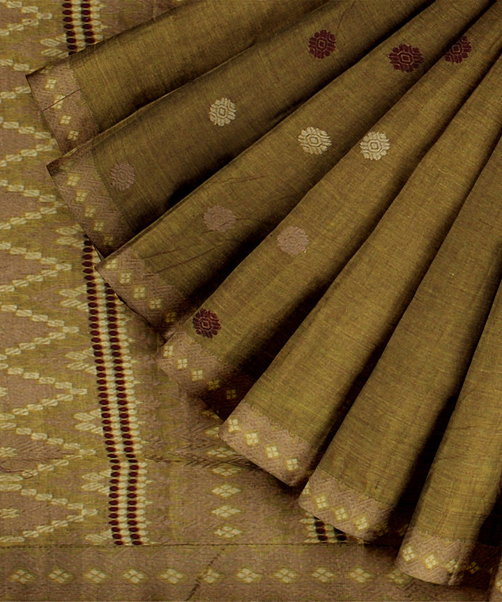 Olive green brown maroon cotton handwoven assam saree