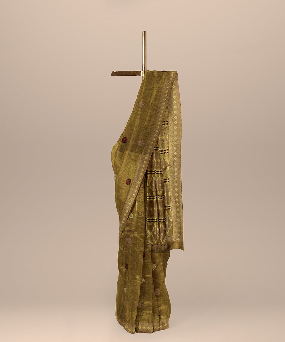 Olive green brown maroon cotton handwoven assam saree