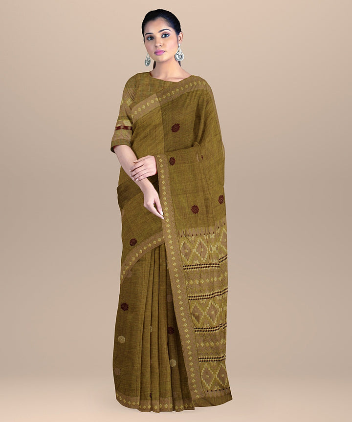 Olive green brown maroon cotton handwoven assam saree