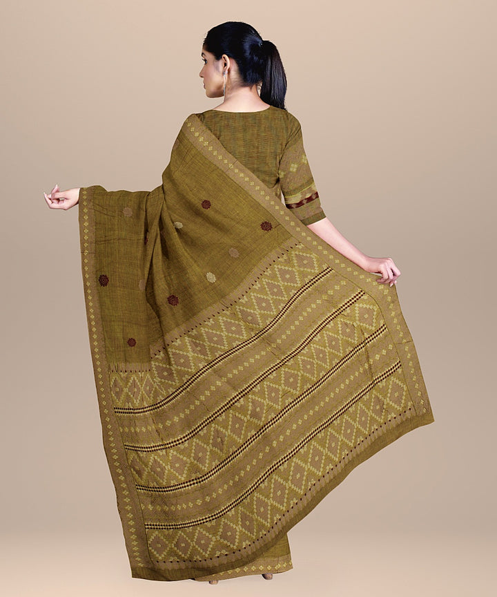 Olive green brown maroon cotton handwoven assam saree